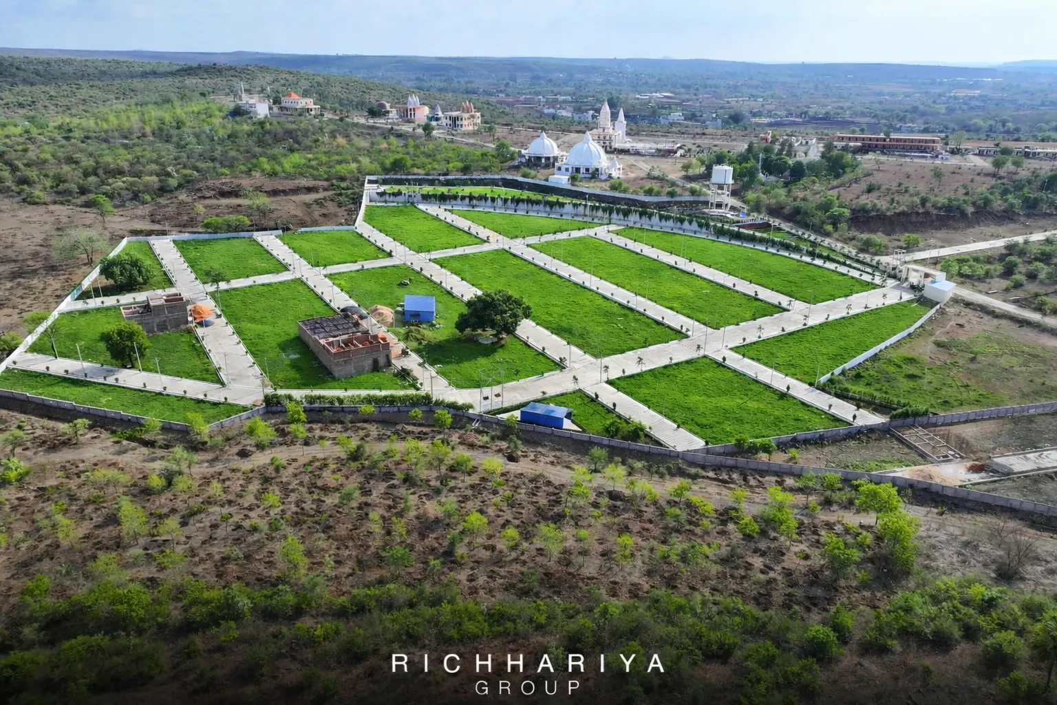 Aerial-style view of Mangal City near the temple